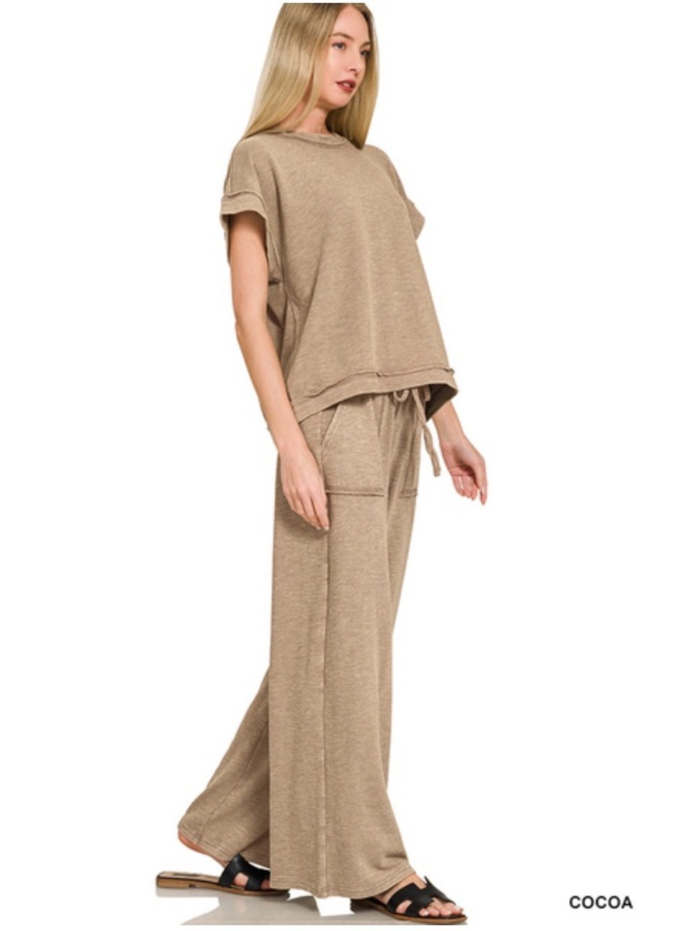 247 ❤️ ZENANA cocoa COTTON SLUB SHORT SLEEVE
TEE & LONG PANTS SET